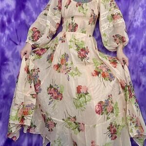 Free people NWT Peach floral maxi dress balloon sleeves and lace details